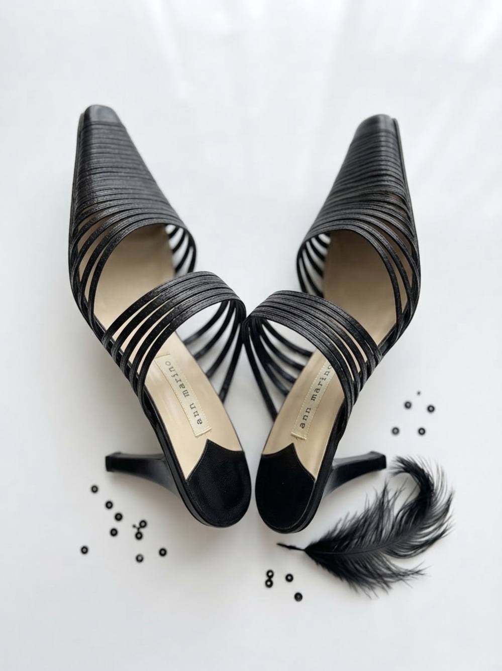 Vintage Ann Marino Black Strappy Pointed Toe Heels Stiletto Mules Sz 7M